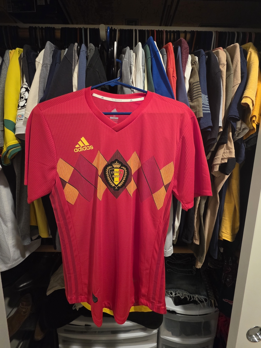 adidas Men’s Red Belgium Football Jersey with Yellow Crest Accents